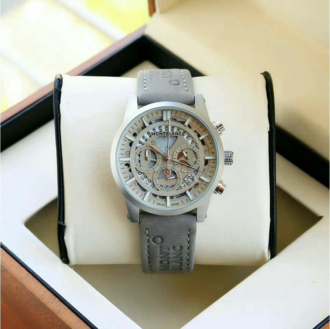 Mont Blanc Grey Chronograph Leather Men Watch for Man Formal Casual (K206)