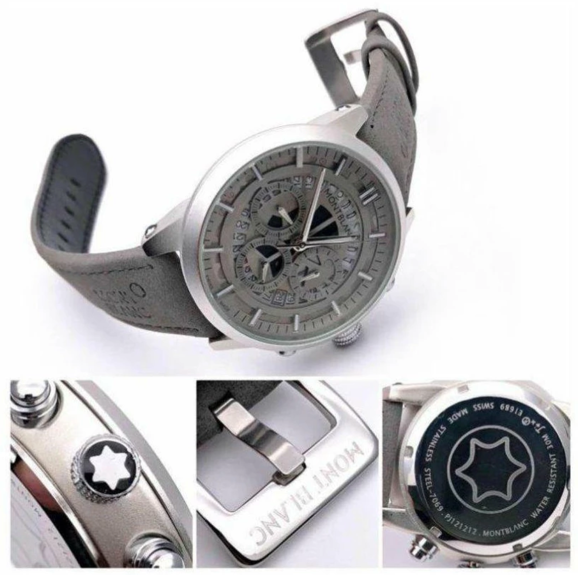 Mont Blanc Grey Chronograph Leather Men Watch for Man Formal Casual (K206)