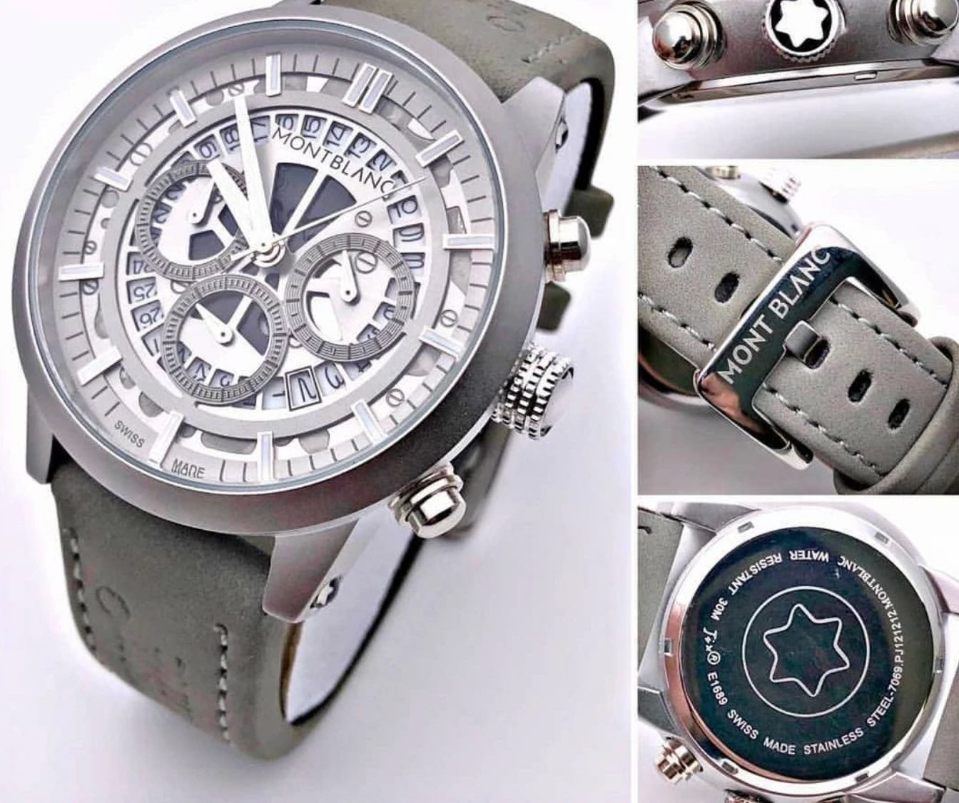 Mont Blanc Grey Chronograph Leather Men Watch for Man Formal Casual (K206)
