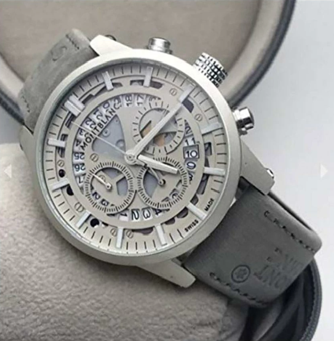 Mont Blanc Grey Chronograph Leather Men Watch for Man Formal Casual (K206)