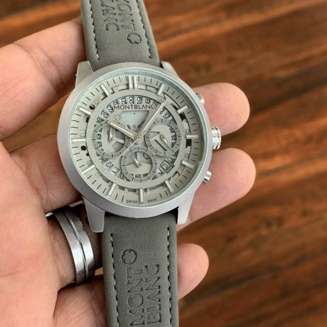 Mont Blanc Grey Chronograph Leather Men Watch for Man Formal Casual (K206)